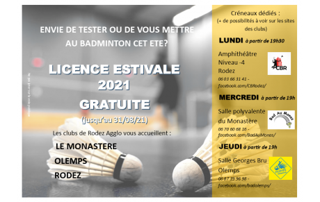 Les clubs de badminton de Rodez Agglomération à la relance avec une licence estivale à 0 € !